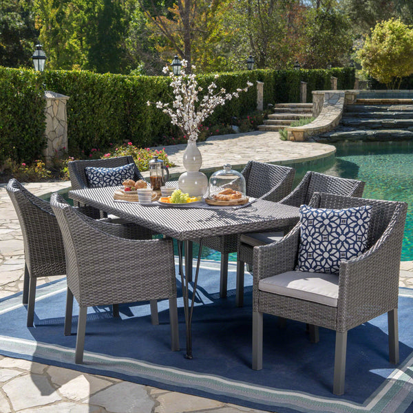 Outdoor 7 Piece Wicker Dining Set with Water Resistant Cushions - NH581203