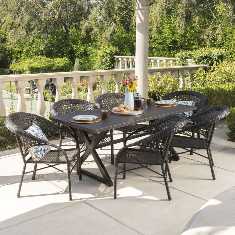 Outdoor 7 Piece Multi-brown Wicker Dining Set with Brown Aluminum Table - NH205203
