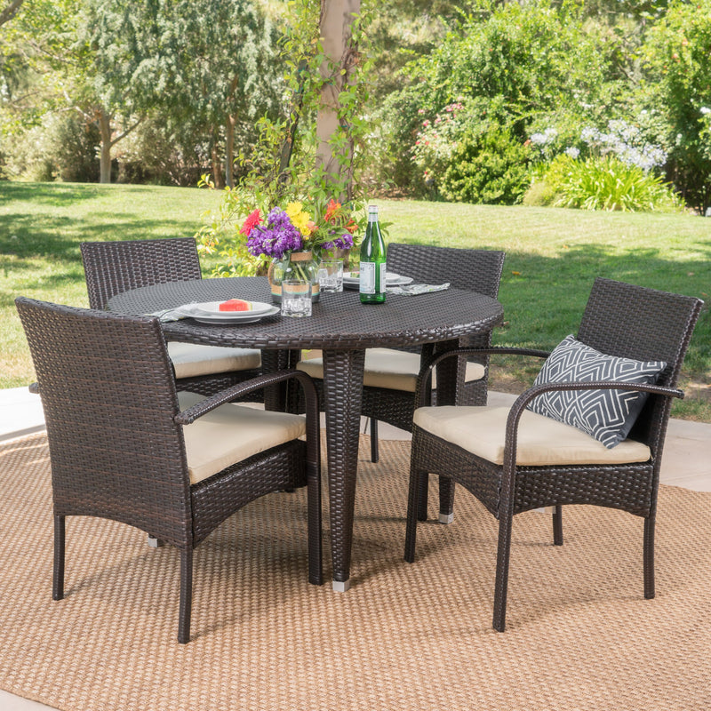 Outdoor 5 Piece Wicker Circular Dining Set with Water Resistant Cushions - NH841103