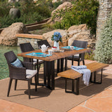 Outdoor 6 Piece Wicker Dining Set with Concrete Dining Table and Bench - NH901403