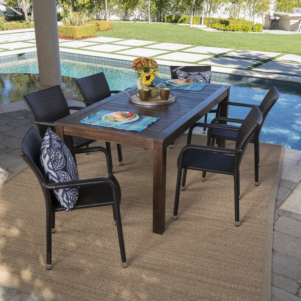 Outdoor 7 Piece Dining Set with Dark Brown Finished Wood Table and Chairs - NH252203
