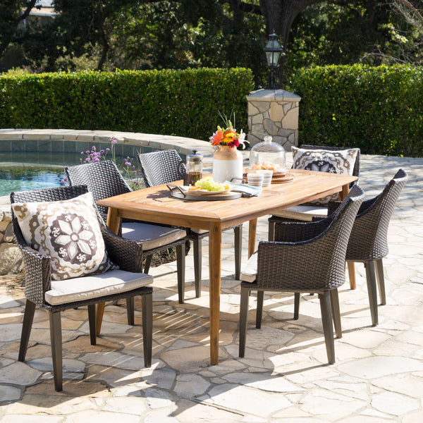 Outdoor 7 Piece Multi-brown Wicker Dining Set with Acacia Wood Table - NH574203