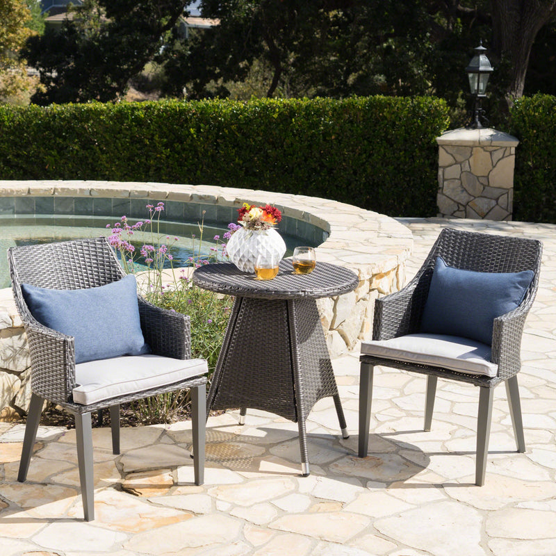 Outdoor 3 Piece Wicker Round Bistro Set with Water Resistant Cushions - NH364203