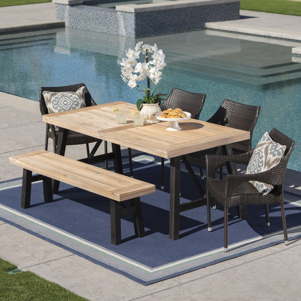 Outdoor 6 Piece Acacia Wood Dining Set with Wicker Stacking Chairs - NH487203