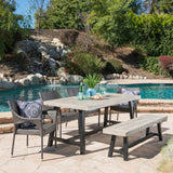Outdoor 6 Piece Wicker Dining Set with Acacia Wood Table and Bench - NH809303