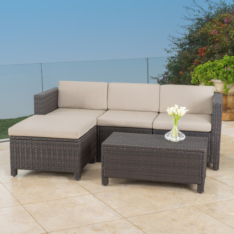Outdoor 5-piece Dark Brown Wicker Sectional Sofa Set with Beige Cushions - NH376692
