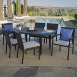 Outdoor 7 Piece Wicker Dining Set with Armed and Armless Stacking Chairs - NH246203