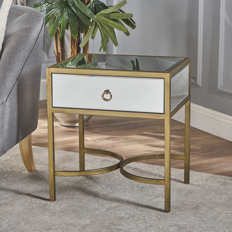 Modern Mirror Finished Side Table with Gold Iron Accents - NH979103