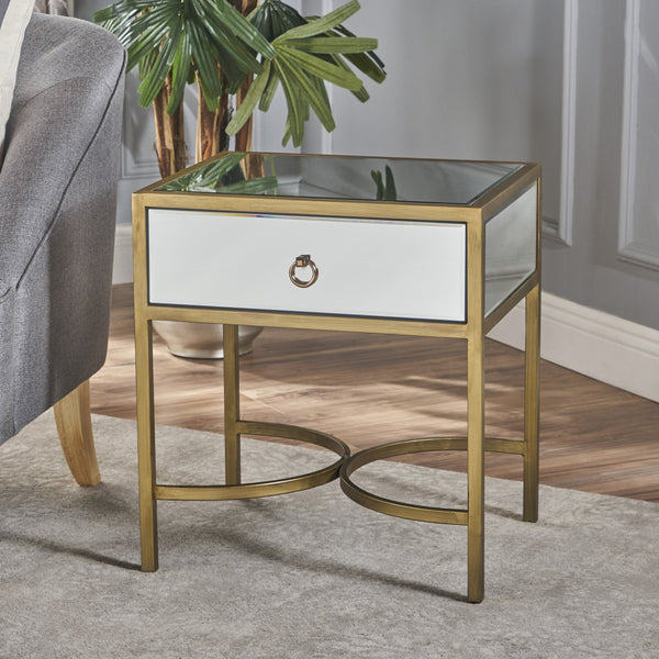 Modern Mirror Finished Side Table with Gold Iron Accents - NH979103