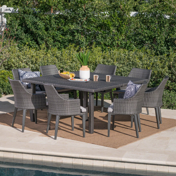 Outdoor 9 Piece Wicker Dining Set with Light Water Resistant Cushions - NH619303
