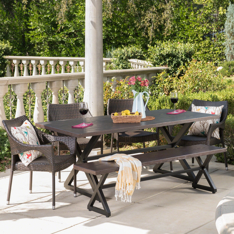 Outdoor 6 Piece Aluminum Dining Set with Bench and Stacking Chairs - NH005203