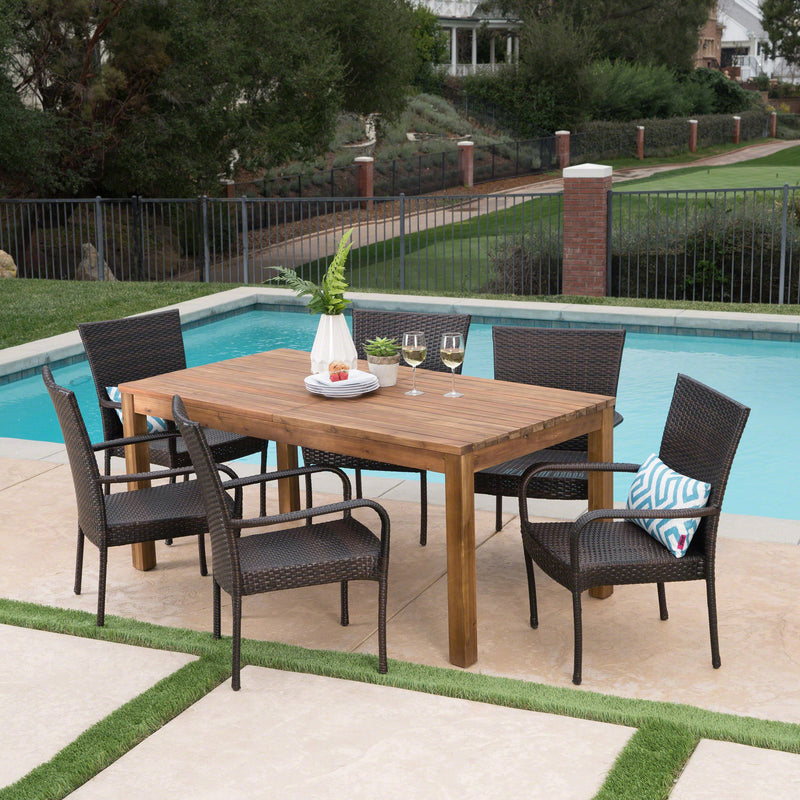 Outdoor 7 Piece Wicker Dining Set with Wood Expandable Dining Table - NH875303
