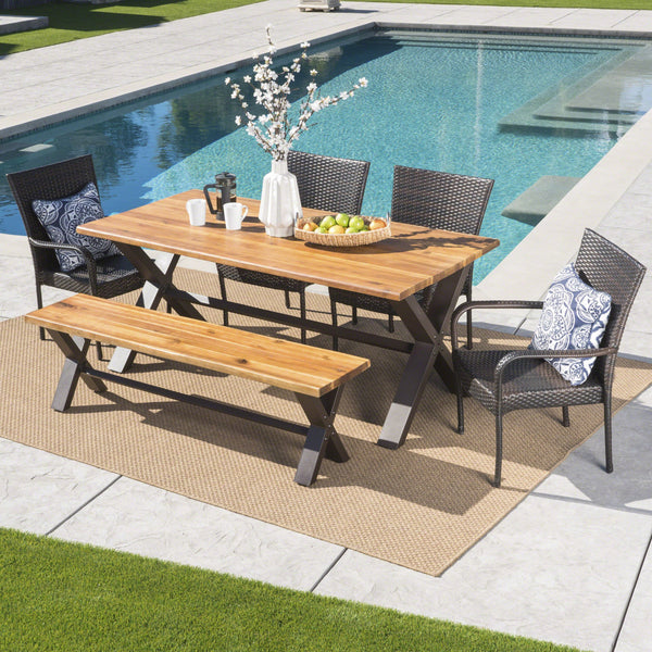 Outdoor 6 Piece Acacia Wood Dining Set with Wicker Stacking Chairs - NH197203