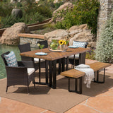 Outdoor 6 Piece Wicker Dining Set with Concrete Dining Table and Bench - NH711403