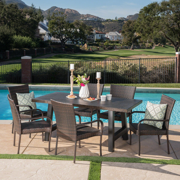 Outdoor 7 Piece Stacking Multi-brown Wicker and Concrete Dining Set - NH039303