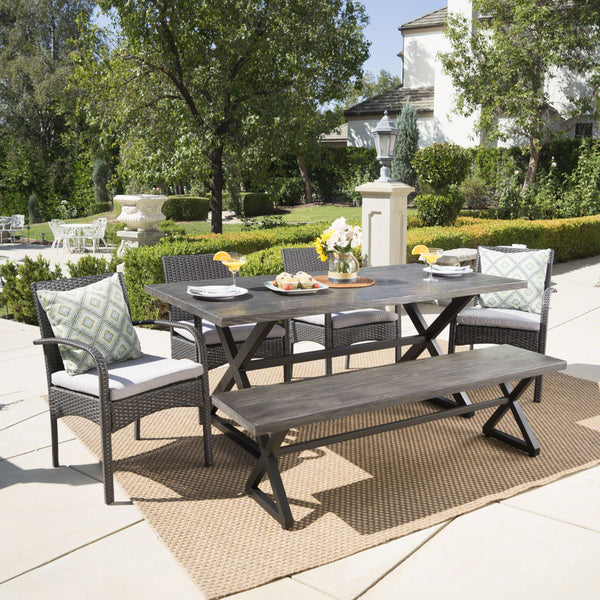 Outdoor 6 Piece Gray Aluminum Dining Set with Bench and Gray Wicker Dining Chairs - NH594203