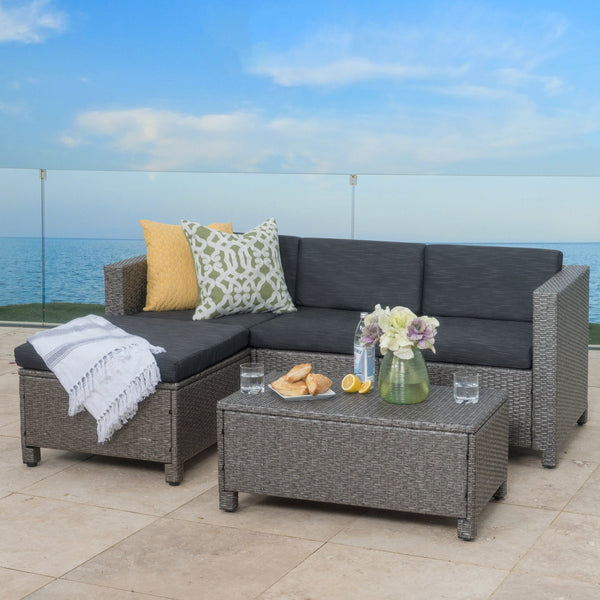 Outdoor 5-piece Grey Wicker Sectional Sofa Set with Black Cushions - NH766692