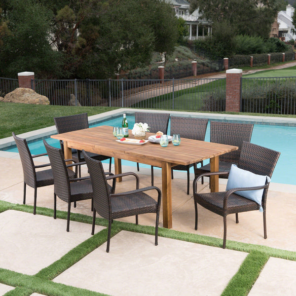 Outdoor 9 Piece Wicker Dining Set with Wood Expandable Dining Table - NH975303