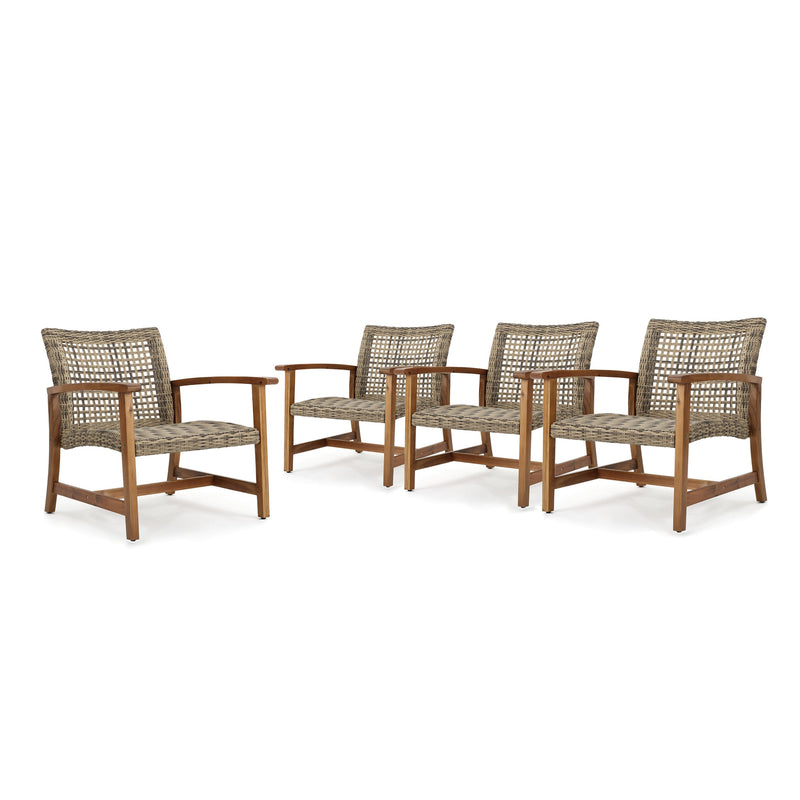 Outdoor Mid Century Gray Wicker Club Chairs with Wood Frame (Set of 4) - NH200403
