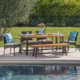 Outdoor 6 Piece Iron and Wood Dining Set with 4 Wicker Dining Chairs - NH045103