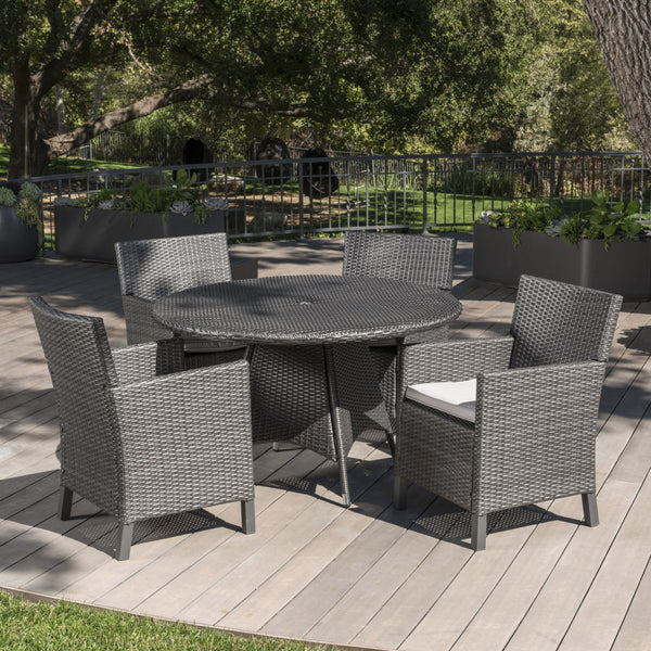 Outdoor 5 Piece Wicker Round Dining Set with Water Resistant Cushions - NH533203