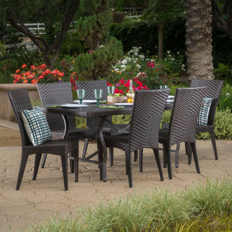 Outdoor Transitional 7-Piece Multi-Brown Wicker Dining Set - NH355003