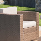 Outdoor 5 Piece Chat Set with Brown Wicker Club Chairs and Fire Pit - NH552203