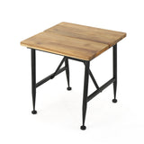 Outdoor Rustic Industrial Acacia Wood End Table with Metal Frame, Teak and Black - NH131103