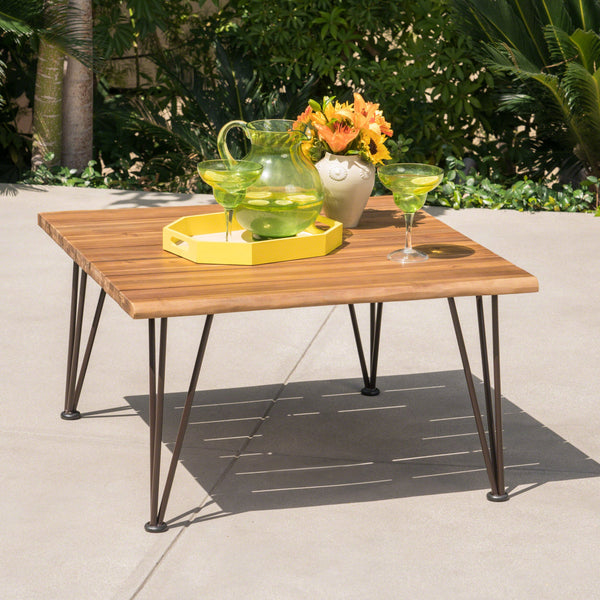 Outdoor Rustic Industrial Acacia Wood Coffee Table with Metal Hairpin Legs, Teak - NH551403