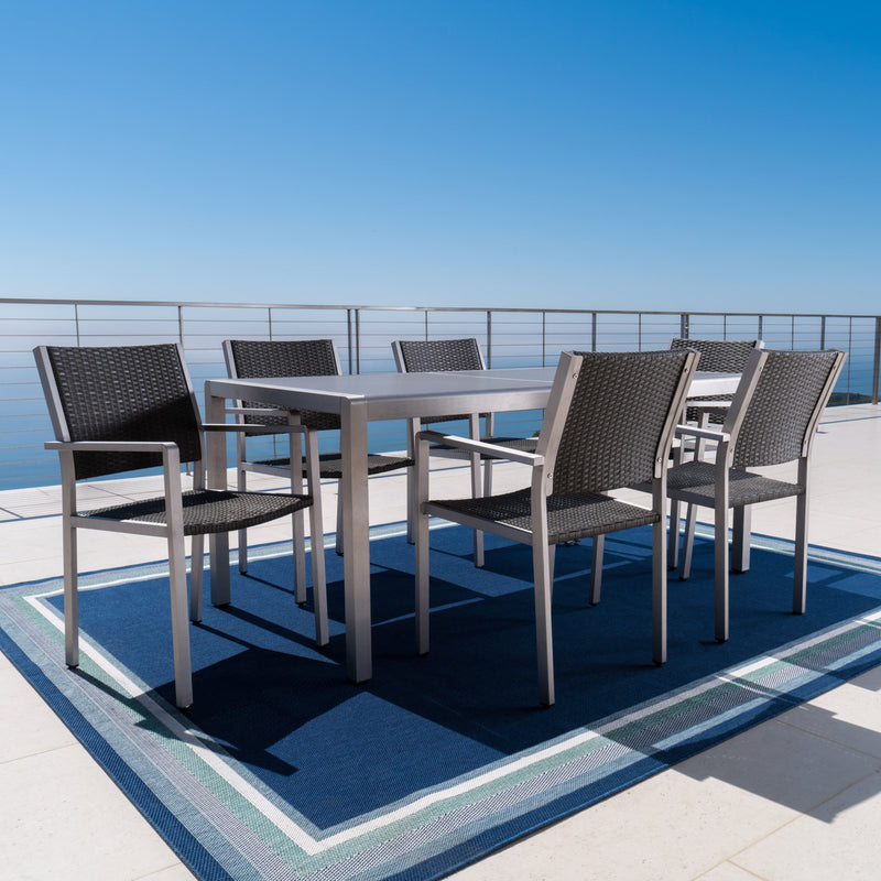 Outdoor 7Pc Grey Aluminum Dining Set w/ Glass Table Top - NH363003