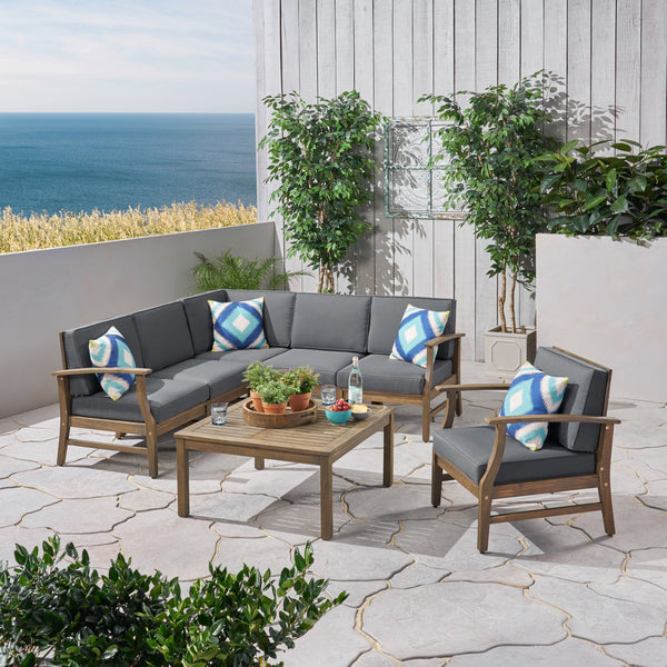 Outdoor 7 Piece Acacia Wood Sectional Sofa and Club Chair Set - NH623803
