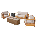 Outdoor 4-Seater Acacia Wood Chat Set with Fire Pit and Tank Holder - NH893603