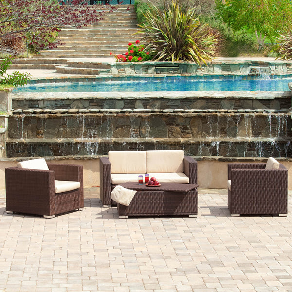 Outdoor 4-Piece Brown Wicker Sofa Set with Storage Ottoman Table - NH382612