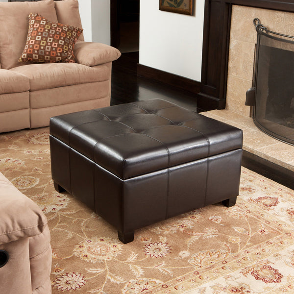 Espresso Brown Tufted Leather Storage Ottoman Coffee Table - NH025022