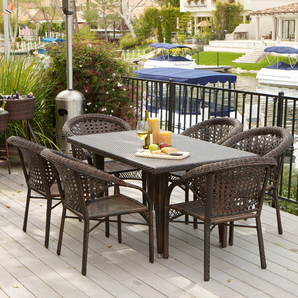 Outdoor 7-Piece Brown Wicker Dining Set with Stackable Chairs - NH089532