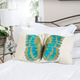 18-Inch Beige Fabric Throw Pillow w/ Blue and Green Butterfly (Set of 2) - NH529732