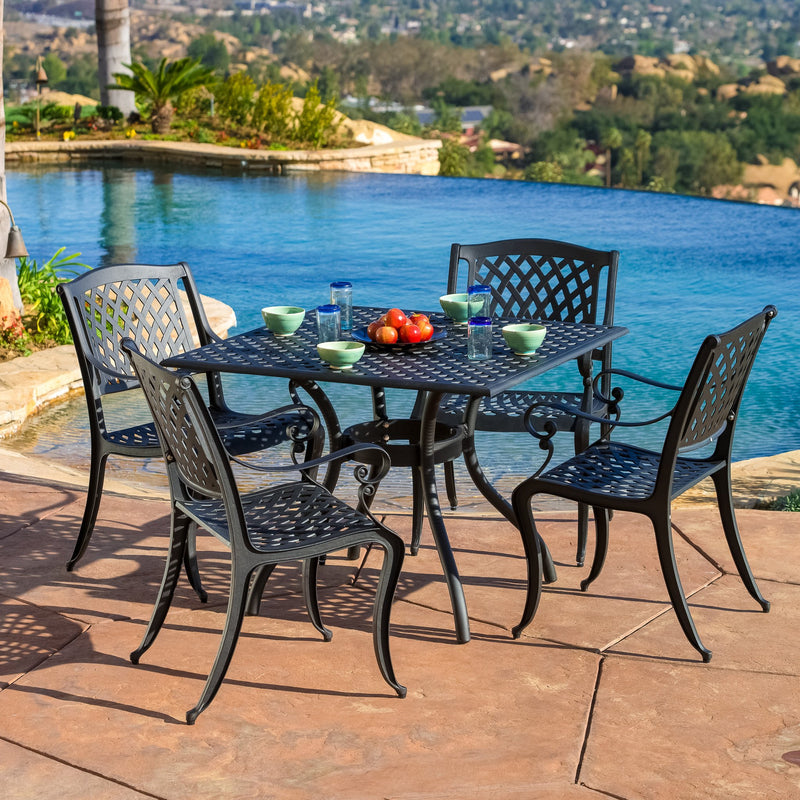 Traditional Outdoor 5-Piece Black Sand Cast Aluminum Dining Set - NH860932