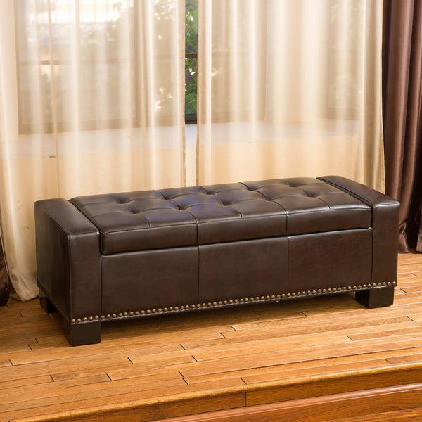 Tufted Brown Leather Rectangle Storage Ottoman Bench - NH191932