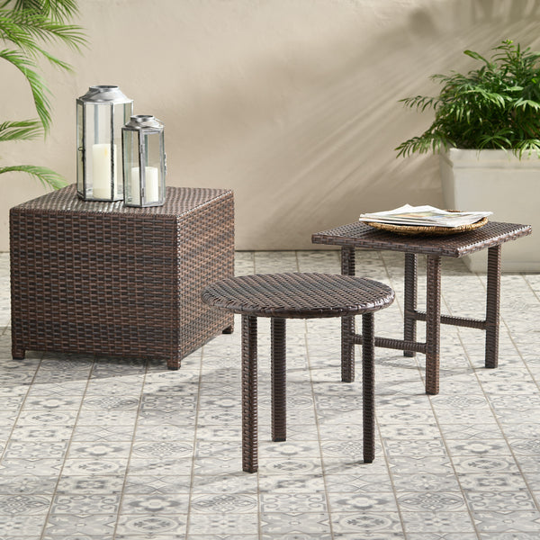 Outdoor 3pc Brown Wicker Side Table Set - NH429482