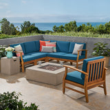 Outdoor 6 Seater Acacia Wood Sofa Set with Square Fire Table and Tank - NH106503