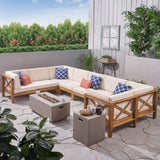 Outdoor Acacia Wood 10-Piece U-Shaped Sectional Sofa Set with Fire Pit - NH847603