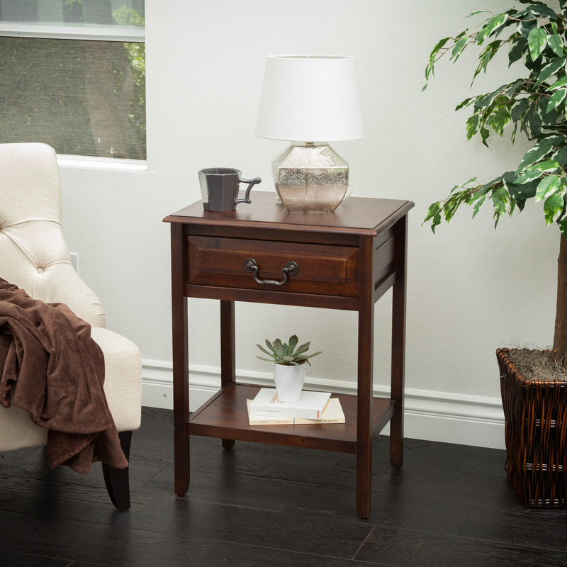 Traditional Brown Mahogany Acacia Wood Accent Table with Top Drawer - NH662592