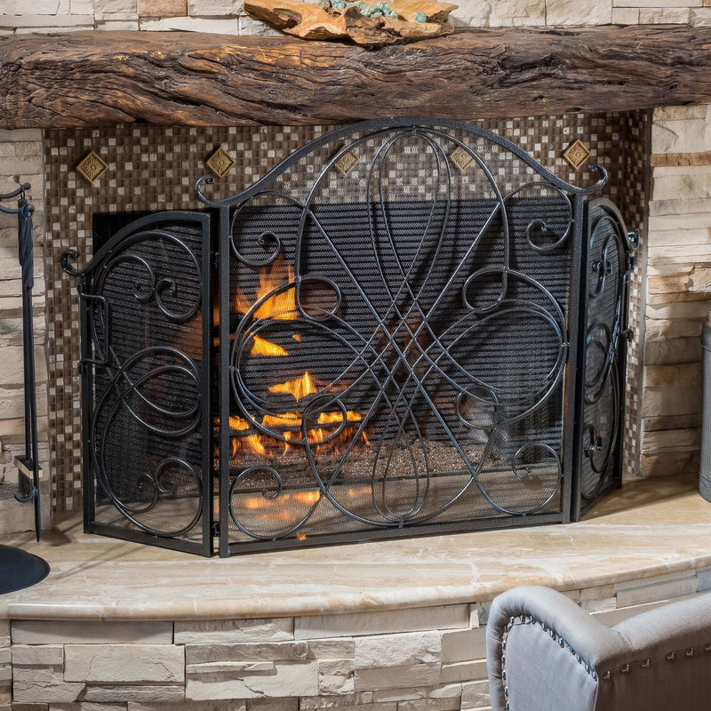 Black Silver Finish Floral Iron Fireplace Screen - NH644592