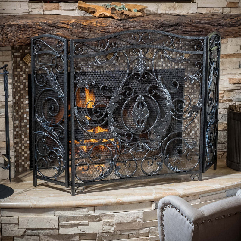 Black Silver Finish Floral Iron Fireplace Screen - NH744592