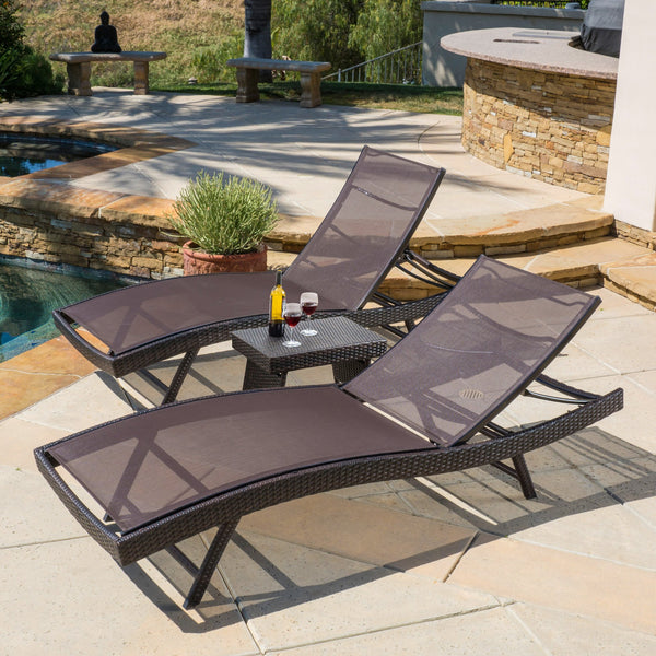 Outdoor 3pc Brown Mesh Chaise Lounge Chairs Set - NH307592