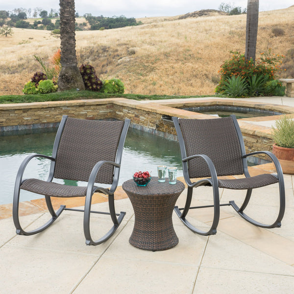 Outdoor 3pc Dark Brown Wicker Rocking Chair Chat Set (Hourglass Table) - NH008592