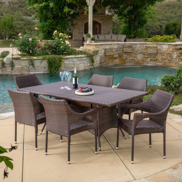 Outdoor 7 Piece Multi-Brown Wicker Dining Set with Metal Tipped Legs - NH028592