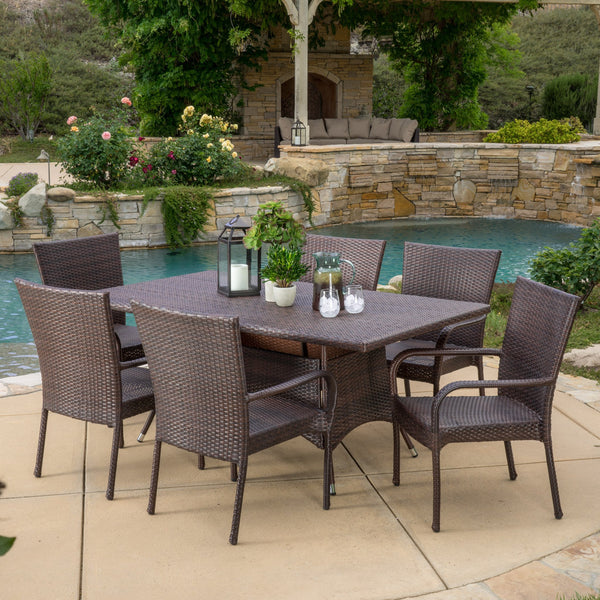 Outdoor 7-Piece Multi-Brown Wicker Dining Set with Umbrella Hole - NH228592