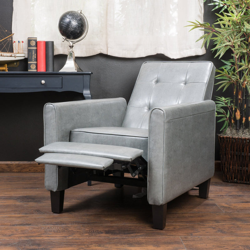 Contemporary Tufted Dark Gray Bonded Leather Recliner with Tapered Legs - NH409592