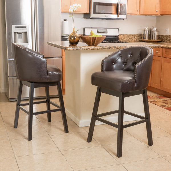 30-Inch Brown Leather Swivel Backed Barstool (Set of 2) - NH879592